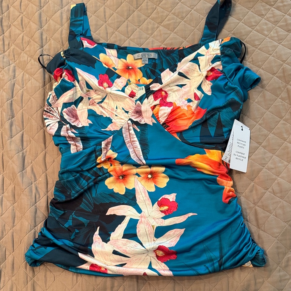 Guess Women's Tropical Floral Tankini Top - Blue and Orange